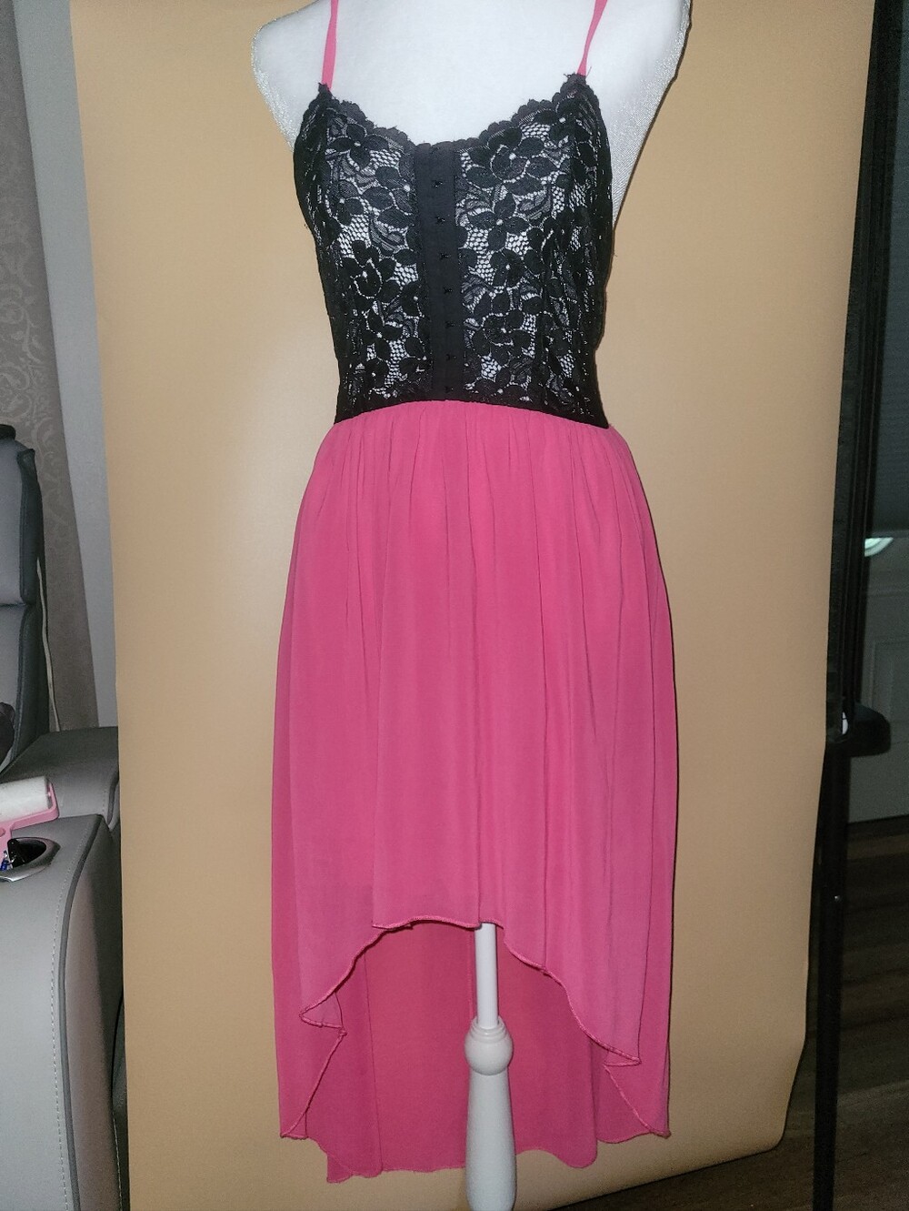 Black Lace Bodice Pink High-Low Dress